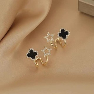 Bông tai cỏ ba lá màu đen và kim cương, thiết kế thời trang, chống phai màu dành cho phụ nữ