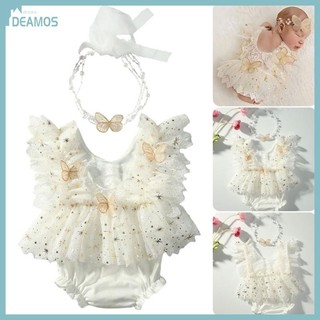 DE Bộ đồ liền thân ren tinh tế với thiết kế hình con bướm Trang phục chụp ảnh sơ sinh