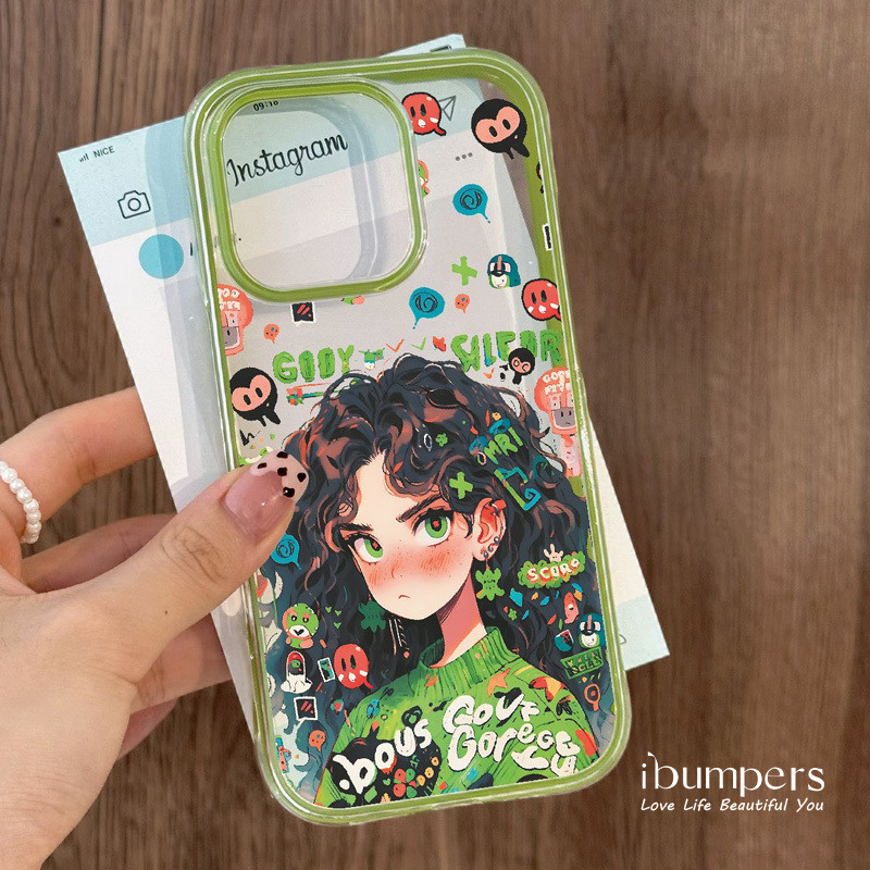 ibumpers Ốp Điện Thoại iPhone Thẩm Mỹ Áo Len Xanh Xoăn Họa Tiết Cô Gái Tóc Cho IPhone 11 12 13 14 15 16 Pro Max Ốp Lưng Acrylic Trong Suốt Viền Màu Tinh Khiết