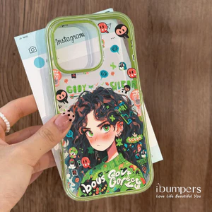 ibumpers Ốp Điện Thoại iPhone Thẩm Mỹ Áo Len Xanh Xoăn Họa Tiết Cô Gái Tóc Cho IPhone 11 12 13 14 15 16 Pro Max Ốp Lưng Acrylic Trong Suốt Viền Màu Tinh Khiết