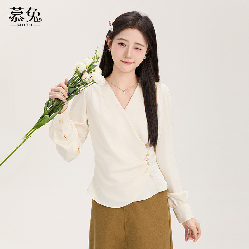 Mutu Áo Sơ Mi Nữ Phong Cách Pháp Cổ Chữ V, Form Slim-Fit, Mùa Hè Mỏng và Cao Cấp