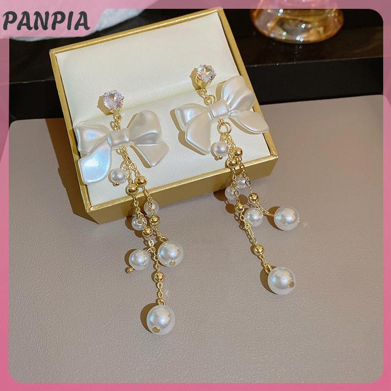 PANPIA-Phụ Nữ Dài Ngọc Trai Nơ Bông Tai Thanh Lịch Thẩm Mỹ Xu Hướng Hàn Quốc Tua Rua Tòn Ten Bông Tai Phụ Kiện Trang Sức Quà Tặng Cổ Tích
