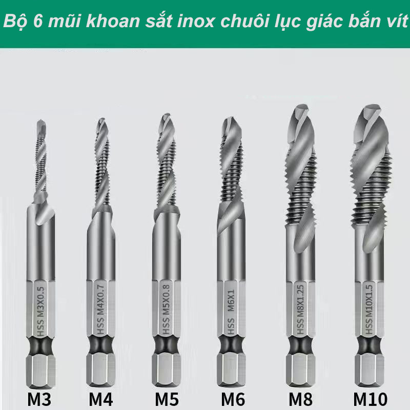 Bộ 6 Mũi Khoan Taro Ren Mạ Titan Thép HSS Cao Cấp ，Bền，Linh hoạt, Sắc nét,Độ cứng cao
