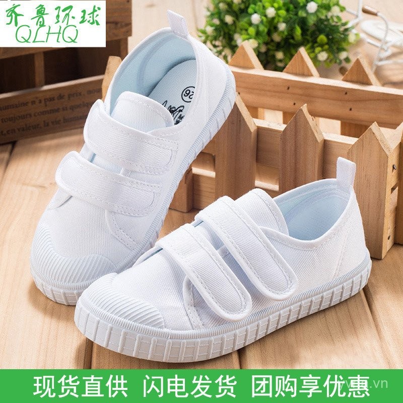 Giày Trắng Nhỏ Xuân Hè Phong Cách Mới Giày Vải Mẫu Giáo Trong Nhà Giày Bé Trai Bé Gái Học Sinh Biểu Diễn Khiêu Vũ Giày Vải Trắng 0821