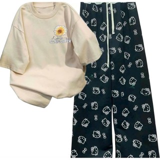 Tổng hợp các sét bộ quần ống  HOẠ TIẾT MÈO+ mix áo phông hoa cúc  CHẤT COTTON MÁT-