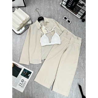 Set 3 Món: Áo Sơ Mi Oversize + Bra 2 Dây + Quần Cạp Cao Ống Suông Cao Cấp