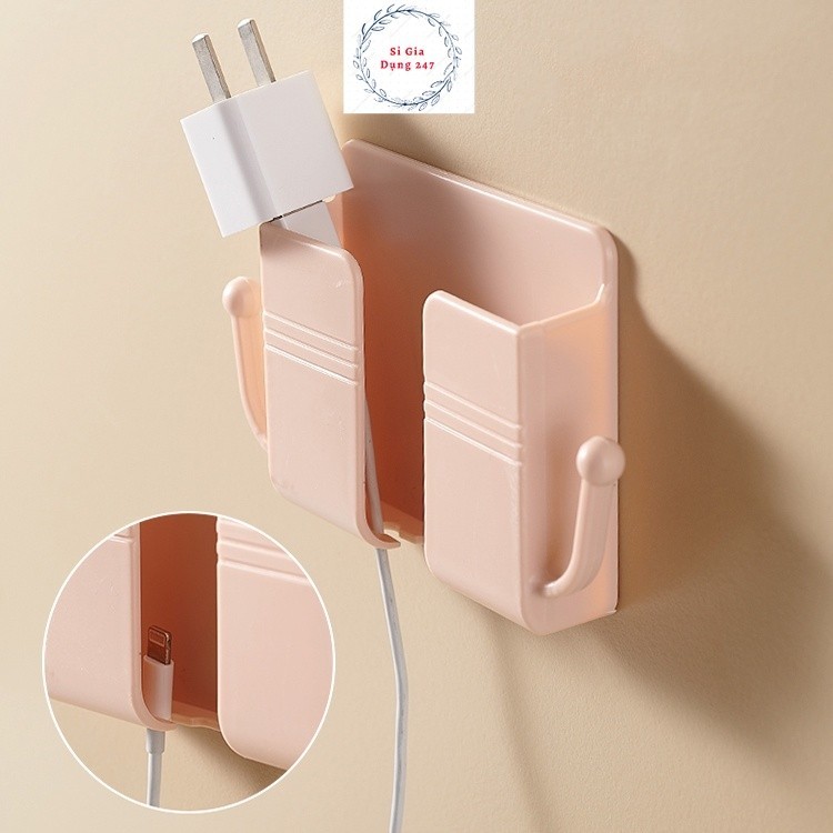 Giá Đỡ Dán Tường Để Sạc Điện Thoại, Remote, Ổ Cắm/ Kệ Đựng Đồ Dán Tường Kèm 2 Móc Treo Đồ
