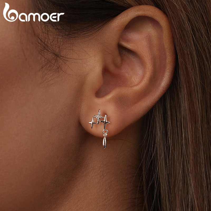 Bamoer 925 Sterling Sliver Studs Bông Tai Thiết Kế Đầy Sao Quà Tặng Trang Sức Cho Nữ