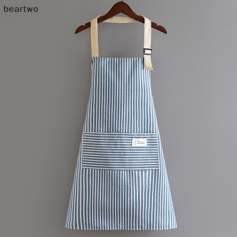 < Beartwo > Tạp dề không tay Tạp dề cổ thoáng khí Nhà hàng Vải lanh Cotton đặc biệt Vệ sinh nhà bếp Tạp dề sọc dọc đẹp