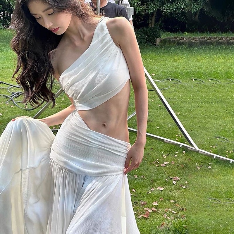 Cutenew Váy Maxi thanh lịch dành cho nữ mùa hè lệch vai không tay cắt váy dài đi biển