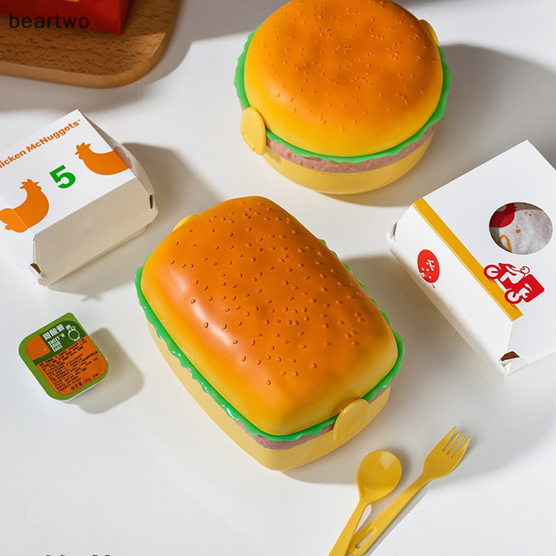 < Beartwo > Hộp Cơm Trưa Hamburger Hai Tầng Dễ Thương Burger Bento Hộp Lò Vi Sóng Trẻ Em Đi Học Hộp Đựng Thực Phẩm Nĩa Bộ Đồ Ăn Quà Tặng Đẹp