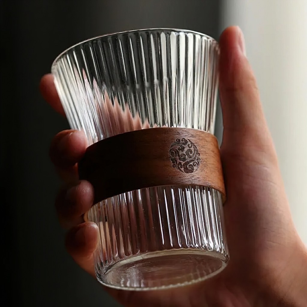 Ly Thủy Tinh Chịu Nhiệt Có Vòng Gỗ Chống Nóng - Ly trà, Cốc Coffee Độc Đáo Dung Tích FE123