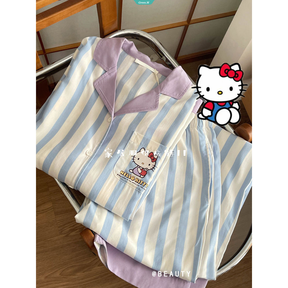 Crash Side Sọc Hello Kitty Bộ Đồ Ngủ Nữ Xuân Thu Đơn Giản Giải Trí Dài Tay Homewear Phù Hợp Với