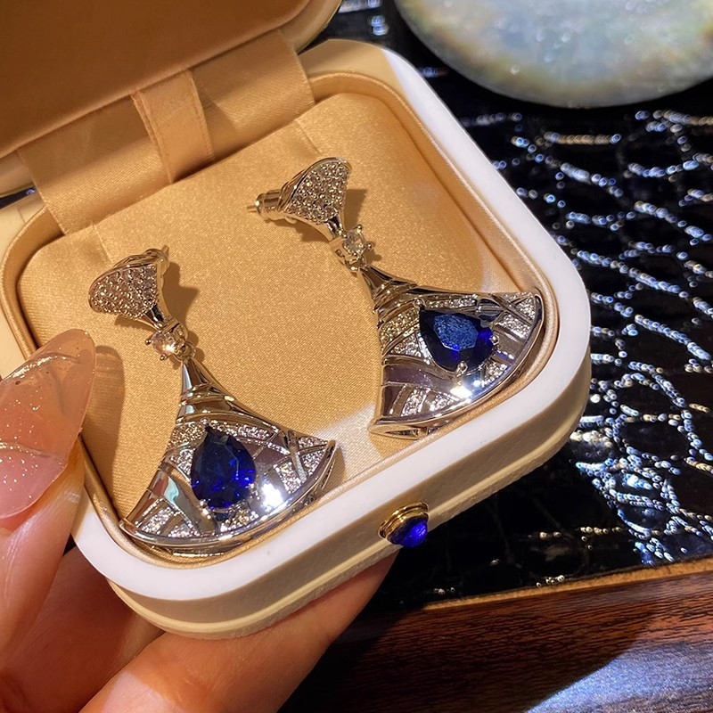 Mới Màu Xanh Zircon Hình Quạt Bông Tai Nữ Ánh Sáng Sang Trọng Thời Trang Tính Khí Bông Tai Wholes