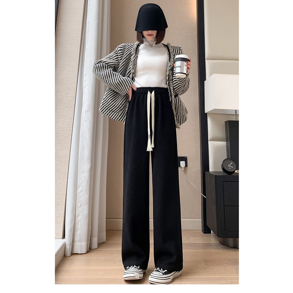 Quần ỐNg RộNg quần giữ nhiệt dệt kim quần thường ngày ống đứng dày dặn lót nhung rộng rãi