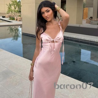 Phụ Nữ Trượt Đầm Không Tay Cổ Chữ V Trượt Nút Đóng Khe Chắc Chắn Mùa Hè Dài Đầm Cho Tiệc Cocktail