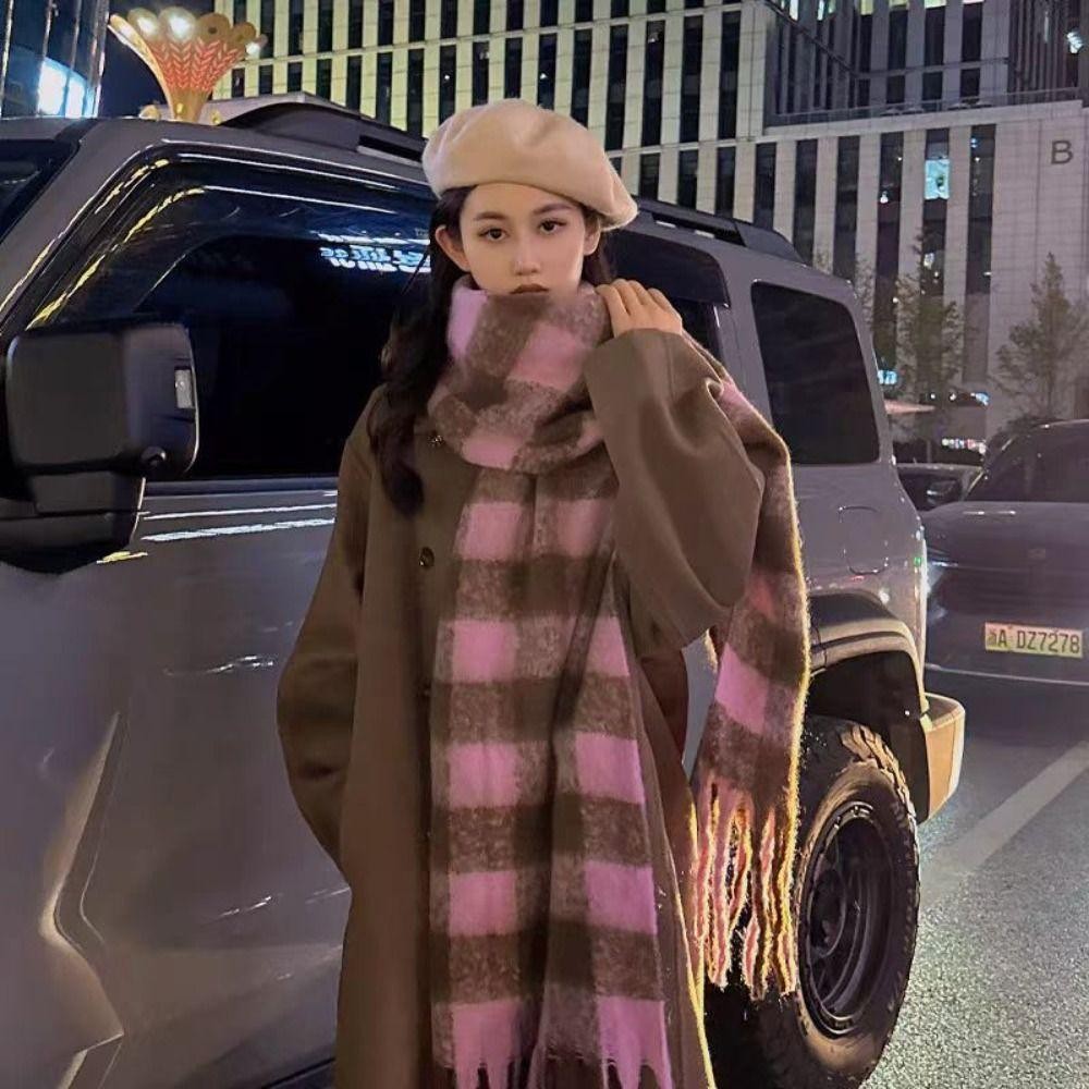 Khăn quàng cổ tua dài LAKA, Khăn choàng Cashmere mùa đông họa tiết sọc ấm áp, Khăn choàng dày mềm mại kẻ sọc Mohair Quấn nữ