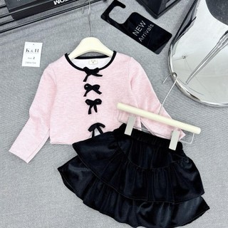 S459-[tomnaukids] Set áo thun dài tay phối nơ phối chân váy cho bé gái Size từ 8-30Kg