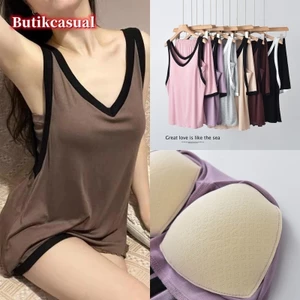 Phụ nữ mùa hè modal miễn phí áo ngực Đệm Bộ đồ ngủ chống phồng tương phản Tank Top Quần short Home Fury Set
