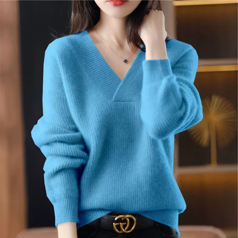 Mặc Bên Ngoài Thu Đông Màu Trơn Cổ Chữ V Áo Len Nữ Rời Ôm Hơn Nhìn Dệt Kim Chui Đầu