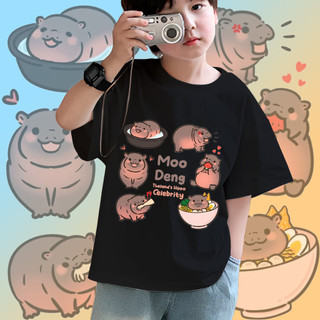 Moodeng Hippo Áo thun trẻ em dễ thương Phim hoạt hình vui nhộn Hippo Graphic Áo ngắn tay thường ngày mặc hàng ngày cho bé trai và bé gái