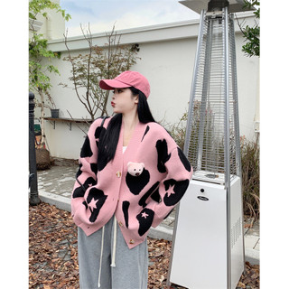 Áo khoác len áo Cardigan dệt kim màu hồng rộng rãi mẫu mới mùa thu cho nữ