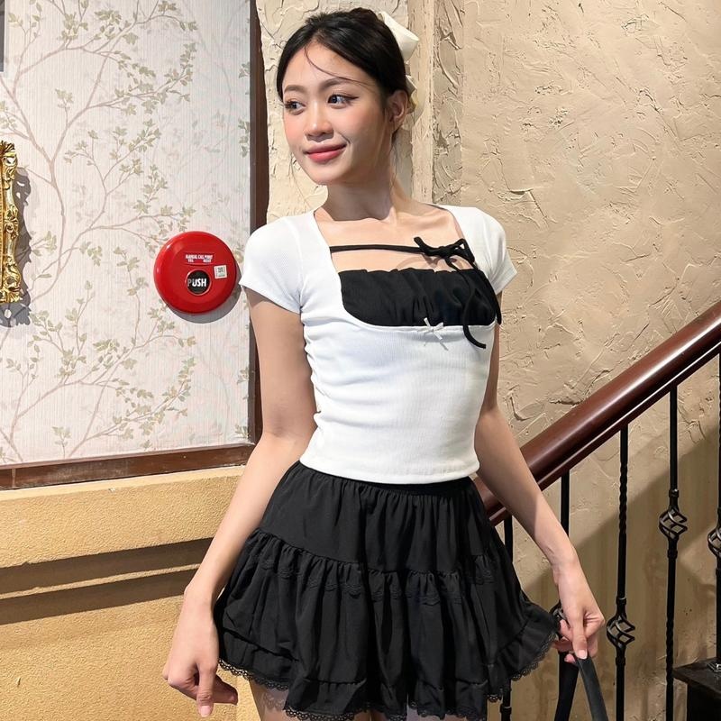 SAM - Áo Nữ Cổ Vuông Tay Ngắn PINKSTORE29 Phối Nơ Kiểu Nhún Ngực A51093