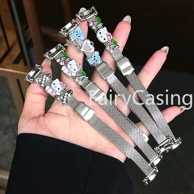 Dễ Thương KT Cat Flash Dây Thép Không Gỉ Cho Xiaomi Mi Band 10 9 8 Vòng Tay Kim Loại Thay Thế Dây Đeo Đồng Hồ Cho Miband 7 6 5 4 3 NFC Phụ Kiện