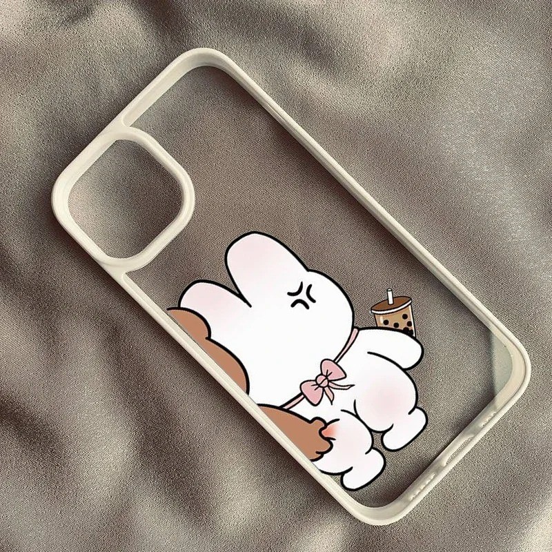 Ốp Điện Thoại Cặp Đôi Gấu Thỏ Dễ Thương Cho iPhone 16 15 14 Pro Max 11 12 13 16e X XR XS 7 8 16 Plus SE2020 Cặp Đôi Trong Suốt Bìa Cứng