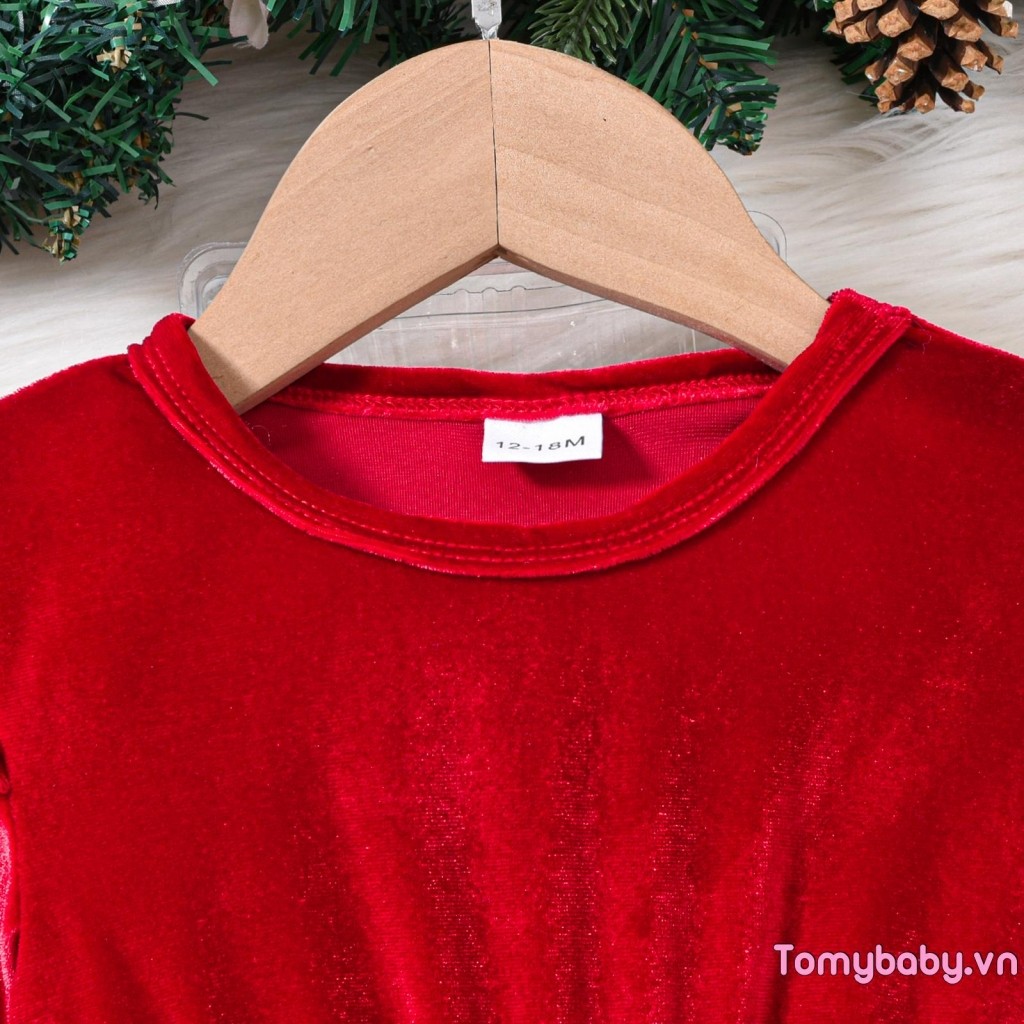 Trẻ Em Bé Gái Trang Phục Giáng Sinh Ruffle Sang Trọng Viền Cổ Tròn Tay Dài Đầm Đỏ + Mũ Ông Già Noel 2 Bộ