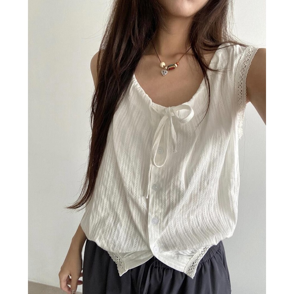 SUXI Áo sơ mi ren không tay đơn giản mùa hè mới dành cho nữ 250701
