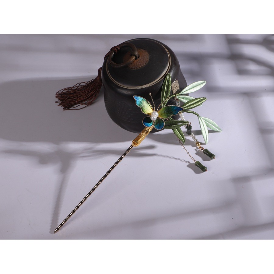 Kẹp tóc handmade lụa nhung hoa tangling bướm lá tre - Phù hợp với trang phục cổ điển Trung Quốc và sườn xám