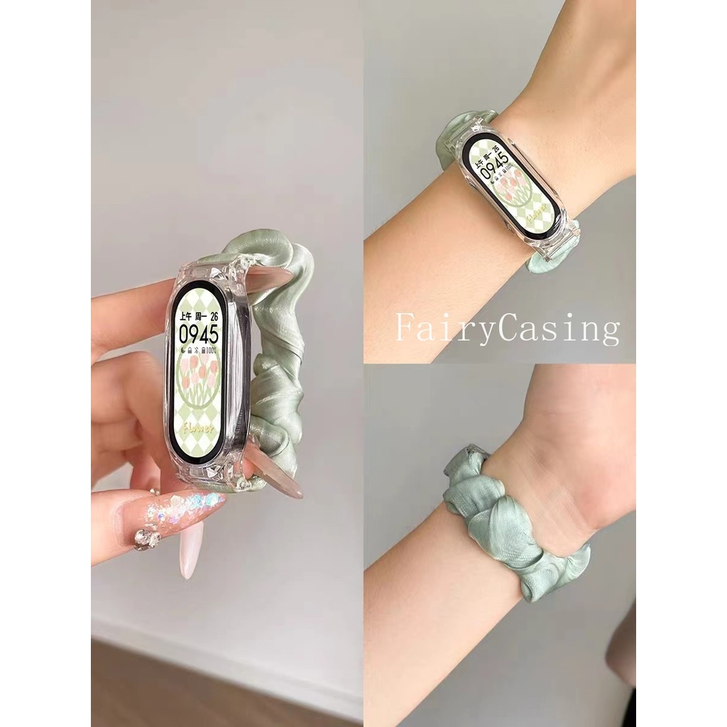 Dây đeo cổ tay dây buộc tóc đàn hồi + Vỏ trong suốt cho Xiaomi Mi Band 10 9 8 7 Vòng đeo tay thay thế cho MiBand 3 4 5 6 Band