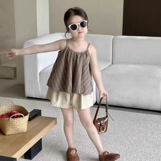 Bộ Đồ Bé Gái Hè - Áo Hai Dây Kẻ Caro Phối Tầng + Quần Váy Trẻ Trung