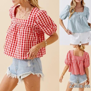 Áo thun Crop cổ vuông in kẻ sọc mùa hè dành cho nữ