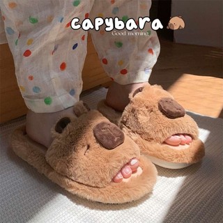 Xixitiao Thu Đông Ấm Áp Đế Mềm Hoạt Hình Dễ Thương Kapibara Flat Cotton Dép Nữ