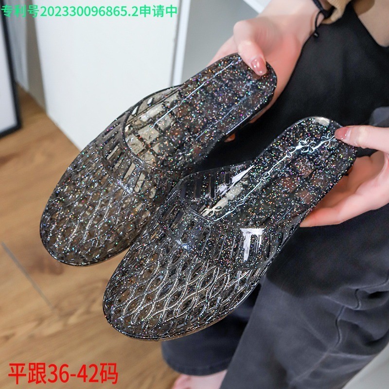 Gót Đế Bằng Baotou Nửa Dép Nữ Pha Lê Trong Suốt Thạch Chất Liệu Nhựa Rỗng Chống Trơn Trượt Tắm Trong Nhà Ngoài Trời Ngày Mùa Hè 7.24 5YNI