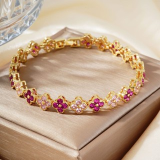 Vòng tay cỏ ba lá nữ với họa tiết kẻ sọc kim cương zircon nhiều màu sắc, phong cách châu âu hiện đại