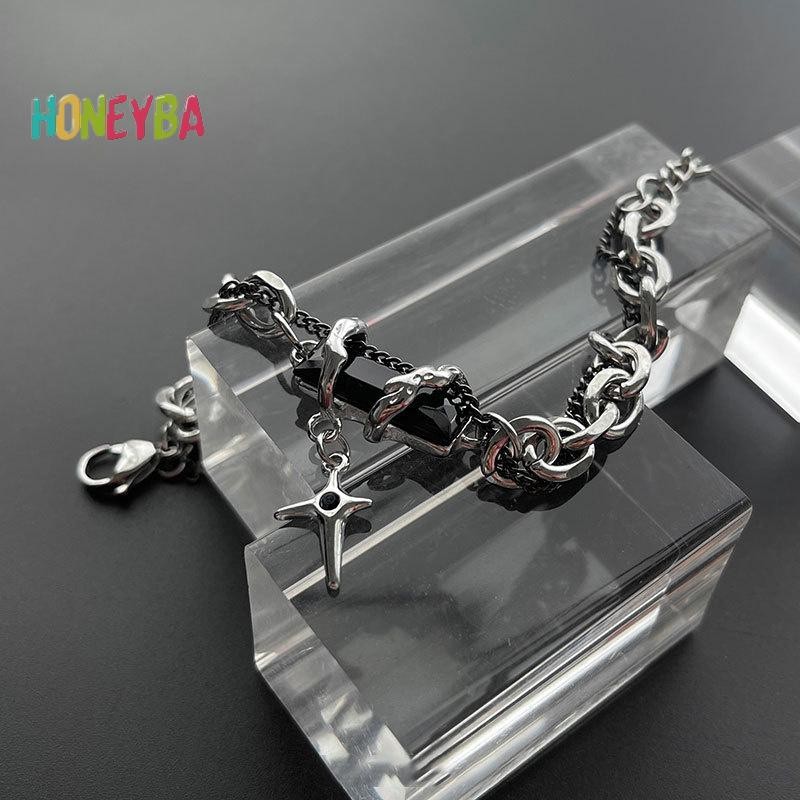 < Honeyba > Vòng tay ngôi sao Zircon màu đen cổ điển dành cho nữ Quà tặng xu hướng Dây chuyền kim loại Unisex Goth Trang sức Cặp đôi mới Phụ kiện