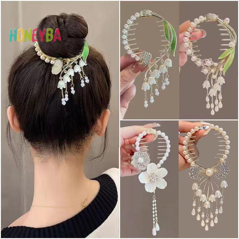 < Honeyba > Thuốc vuốt tóc thanh lịch Khóa đuôi ngựa Khóa đuôi ngựa Ngọc trai đính đá ngọc trai sel Kẹp băng đô Mũ đội đầu