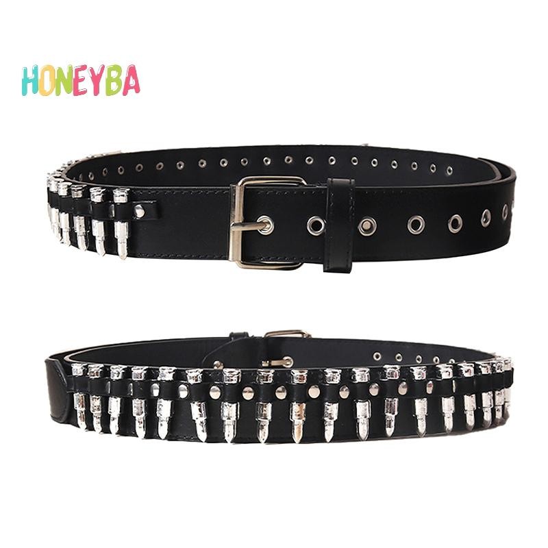 < Honeyba > Đinh Tán Rỗng Viên Đạn Trang Trí Dây Da Thời Trang Đính Đá Goth Có Thể Điều Chỉnh Nữ Punk Đai Đen