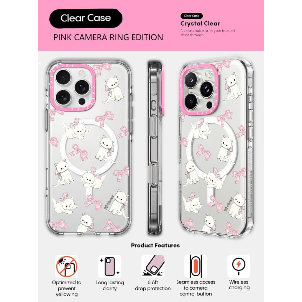 CASECASE X Ribbon Kitten Case HỒNG CAMERA RING EDITION Tác động Vỏ hút từ tính trong suốt cho iPhone 16 / 15 / 14 / 13 Pro Max với bao bì cao cấp