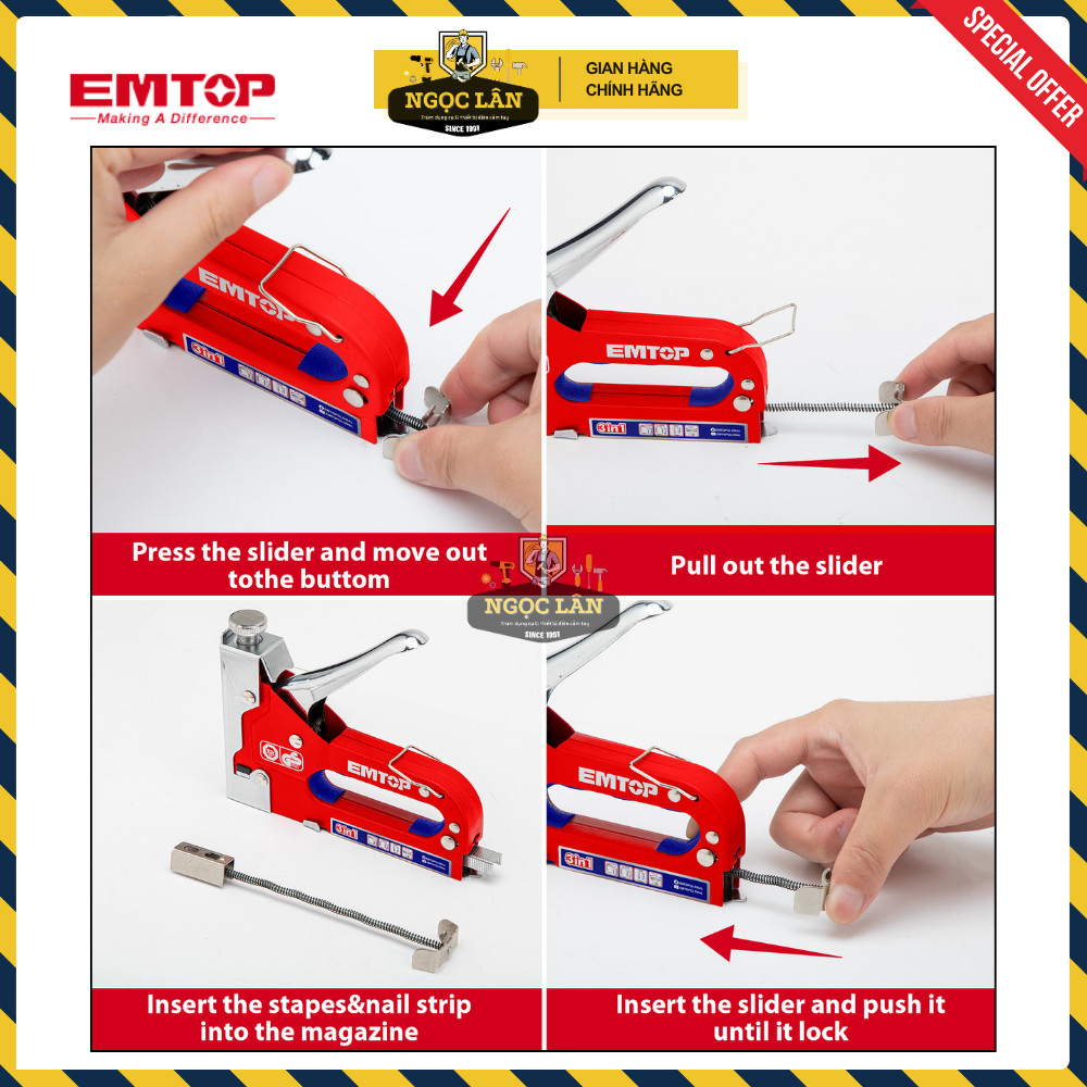 [Chính hãng] Kìm bắn đinh ghim 3 chức năng EMTOP bấm 3 loại đinh u, cổng, thẳng có chỉnh lực cao cấp