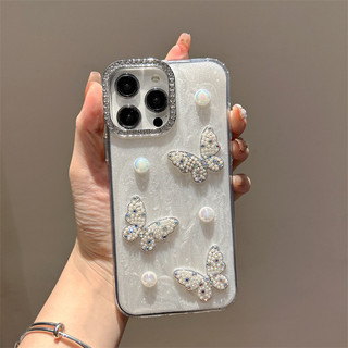 Sang Trọng 3D Ngọc Trai Kim Cương Bướm Wrsit Dây Xích Màu Trắng Epoxy Ốp Lưng Điện Thoại iPhone 16Promax 12 13 14 15 Promax 11 16Plus Chống Sốc Nữ Điện Thoại Di Động
