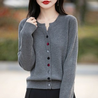 Áo cardigan len dệt kim dáng rộng màu xám phù hợp Xuân Thu Đông