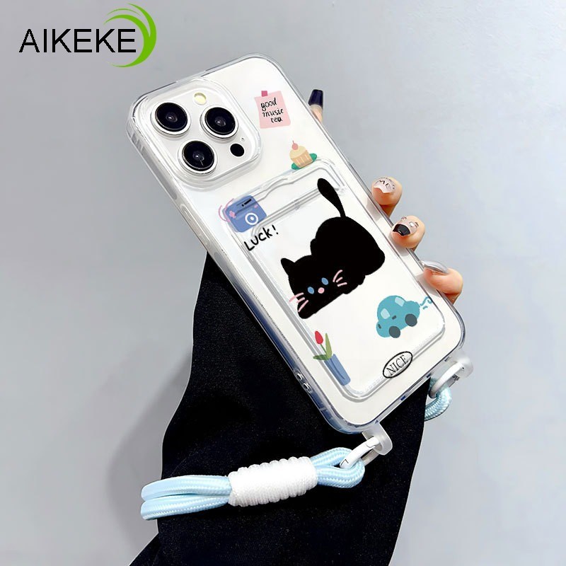 Vỏ đựng thẻ mèo đen dễ thương cho Vivo iQOO Z10 Z9 Turbo Z10X Z9X Z8 Z8X Z7 Z7X Z6 Z6X Z5 Z5X Z3 Z1 Neo 10 9 8 7 6 5 SE Pro + 3 Vỏ hoạt hình Vỏ mềm chống sốc có Dây tay