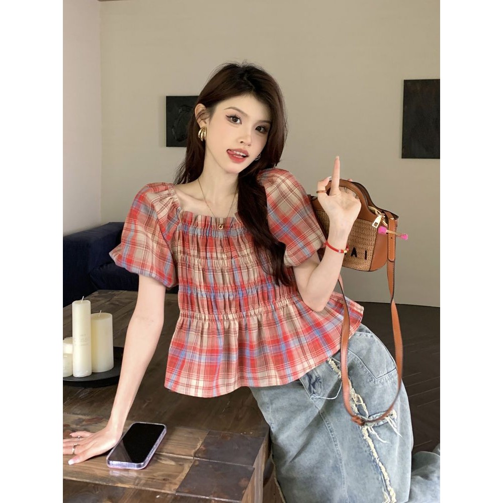 Áo sơ mi hoa đỏ lụa phồng tay ngắn kiểu Hàn Quốc - Vải cotton thoáng mát cho ngày hè
