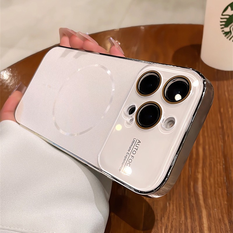 Ốp điện thoại từ tính cửa sổ lớn mạ điện cho iPhone 16 14 15 pro max Bảo vệ ống kính chống rơi Vỏ cứng bảo vệ điện thoại