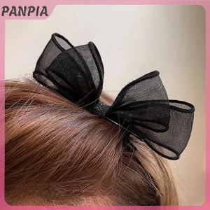 PNPIA-Đen Ren Hai Lớp Lưới Nơ Kẹp Tóc Cho Nữ Thời Trang Cô Gái Ngọt Ngào Sinh Viên Phụ Kiện Tóc