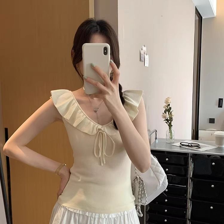 Milyfashion Pháp Xù Không Tay Dệt Kim Mùa Hè Slim-fit Ôm Hơn Nhìn Nơ Thắt Nơ Không Tay Sling Áo Ngắn